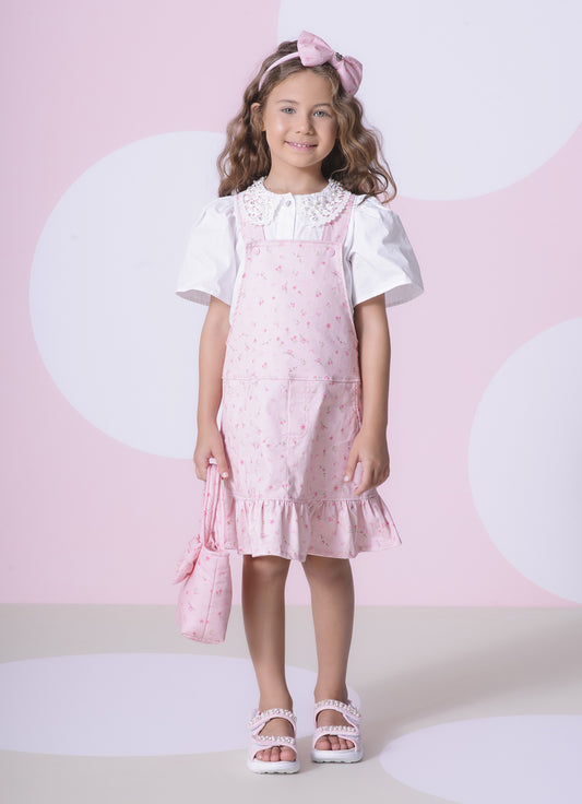 Jardineira Sarja Estampa Mini Floral Babado