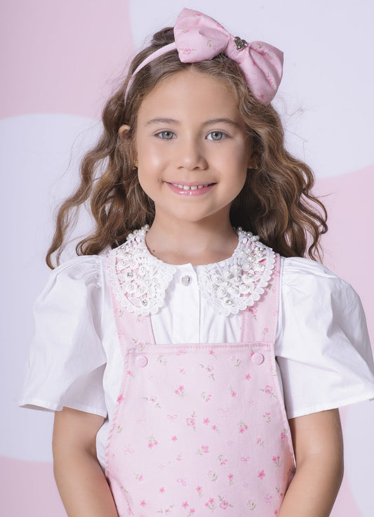 Jardineira Sarja Estampa Mini Floral Babado