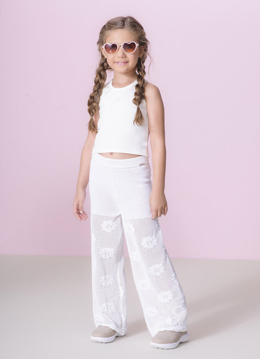 Calça Tricot Reta Ponto Rendado Floral
