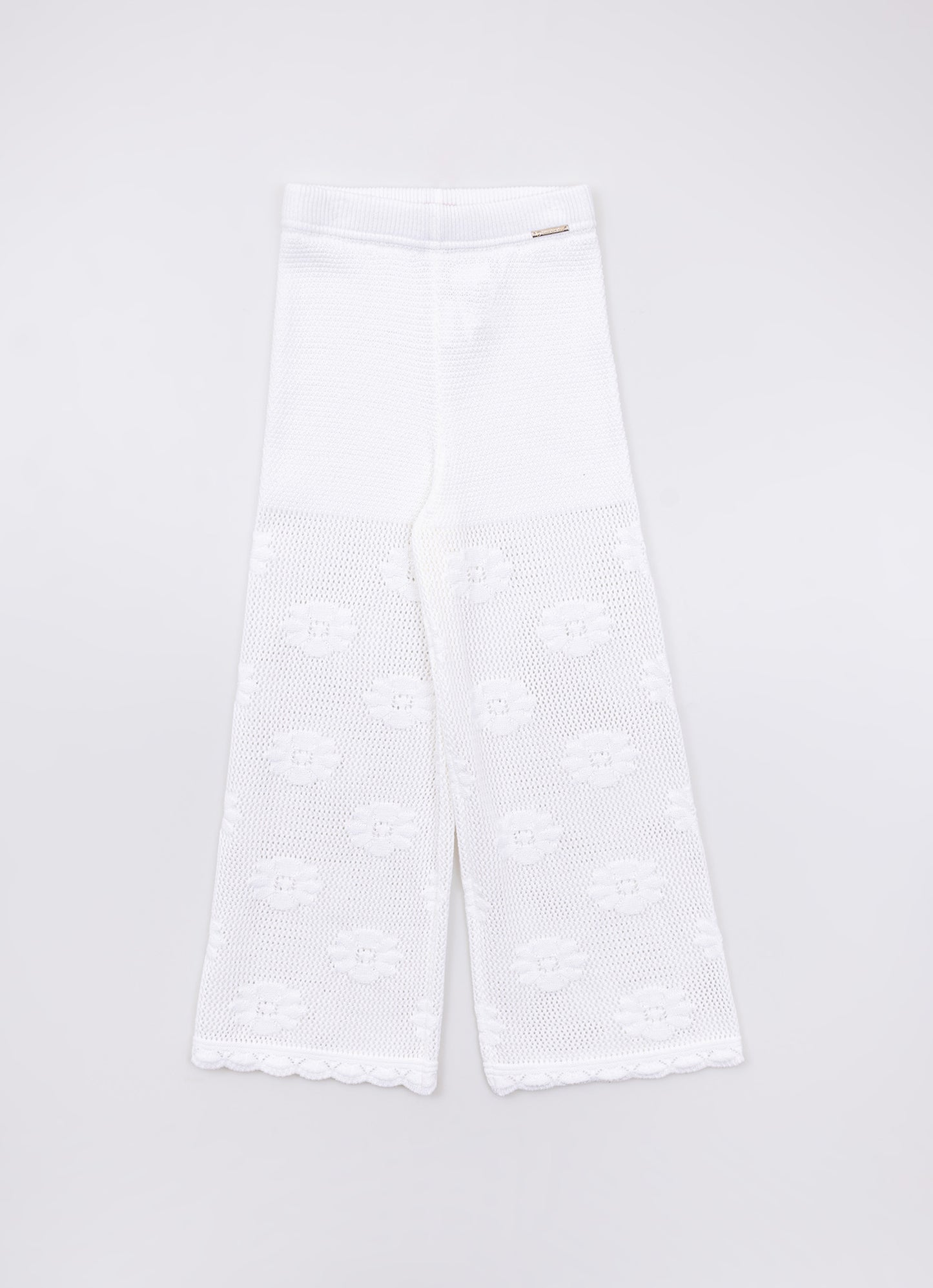 Calça Tricot Reta Ponto Rendado Floral