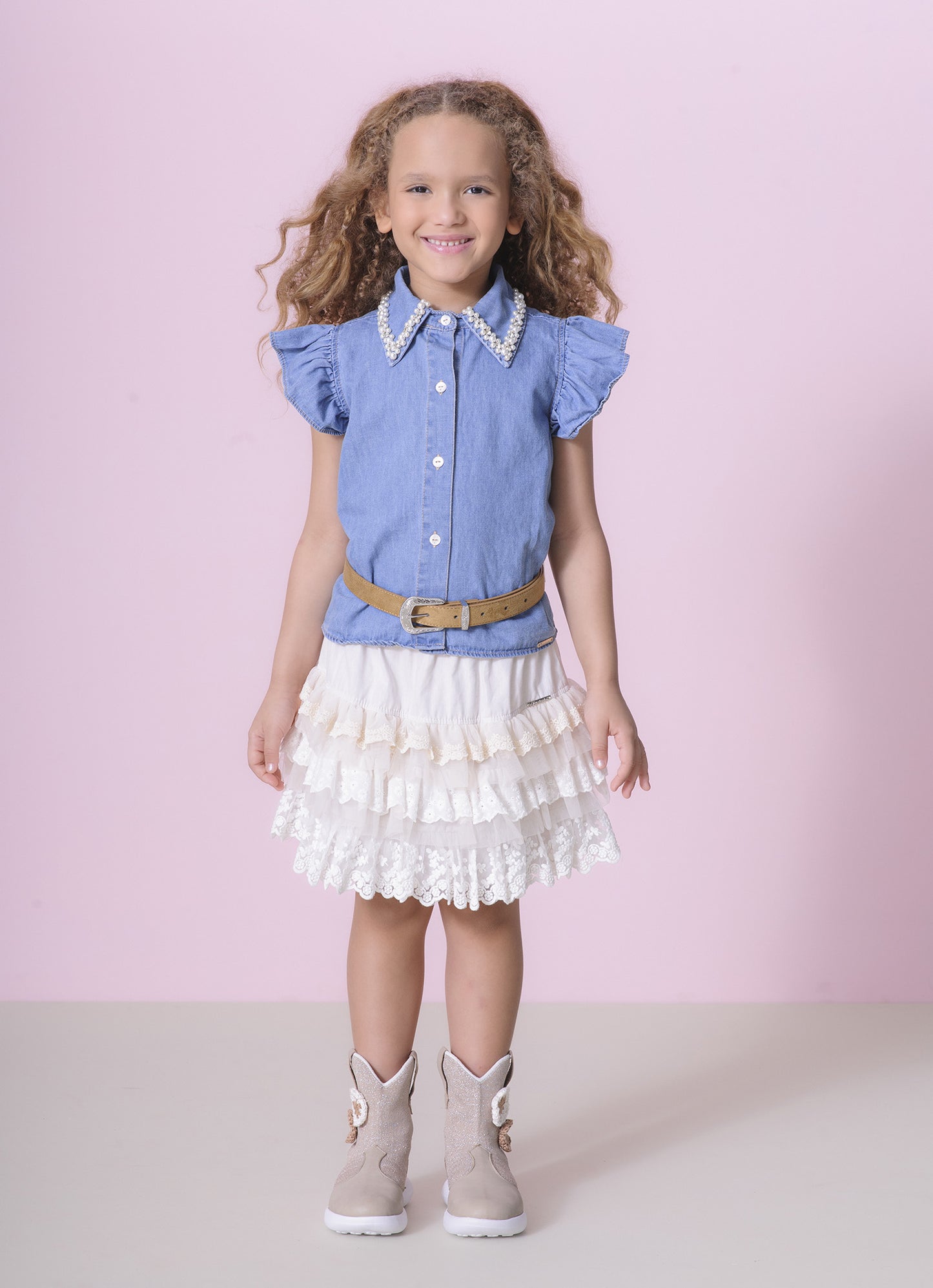 Camisa Jeans Fino Gola Bordado