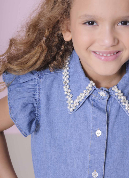 Camisa Jeans Fino Gola Bordado
