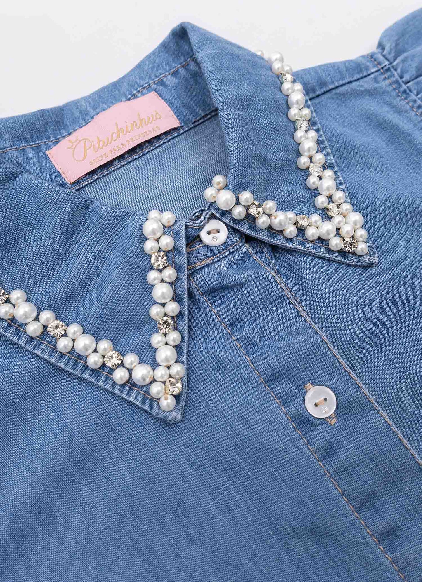 Camisa Jeans Fino Gola Bordado