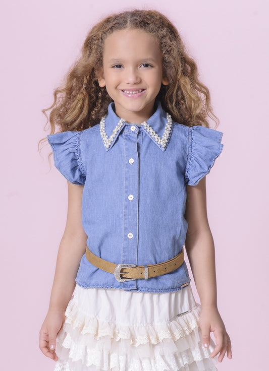 Camisa Jeans Fino Gola Bordado