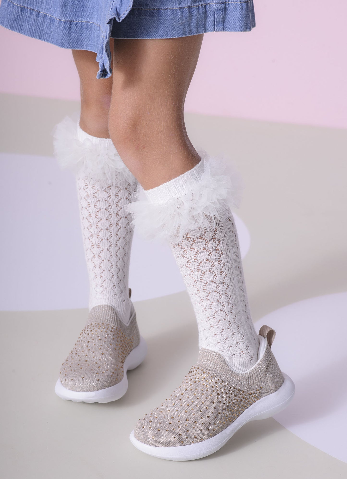 Meia Tricot Rendada Frufru Tule
