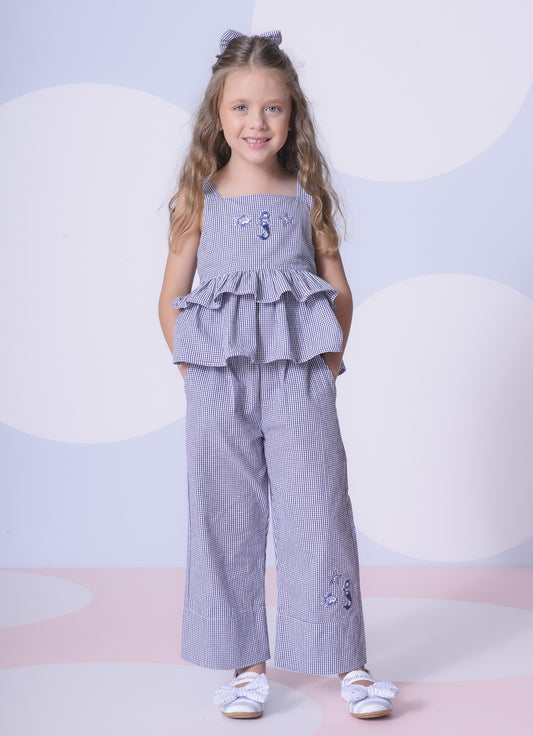 Calça Reta Algodão Xadrez Patches Mar