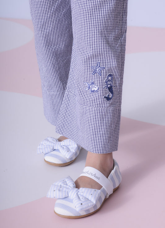 Calça Reta Algodão Xadrez Patches Mar