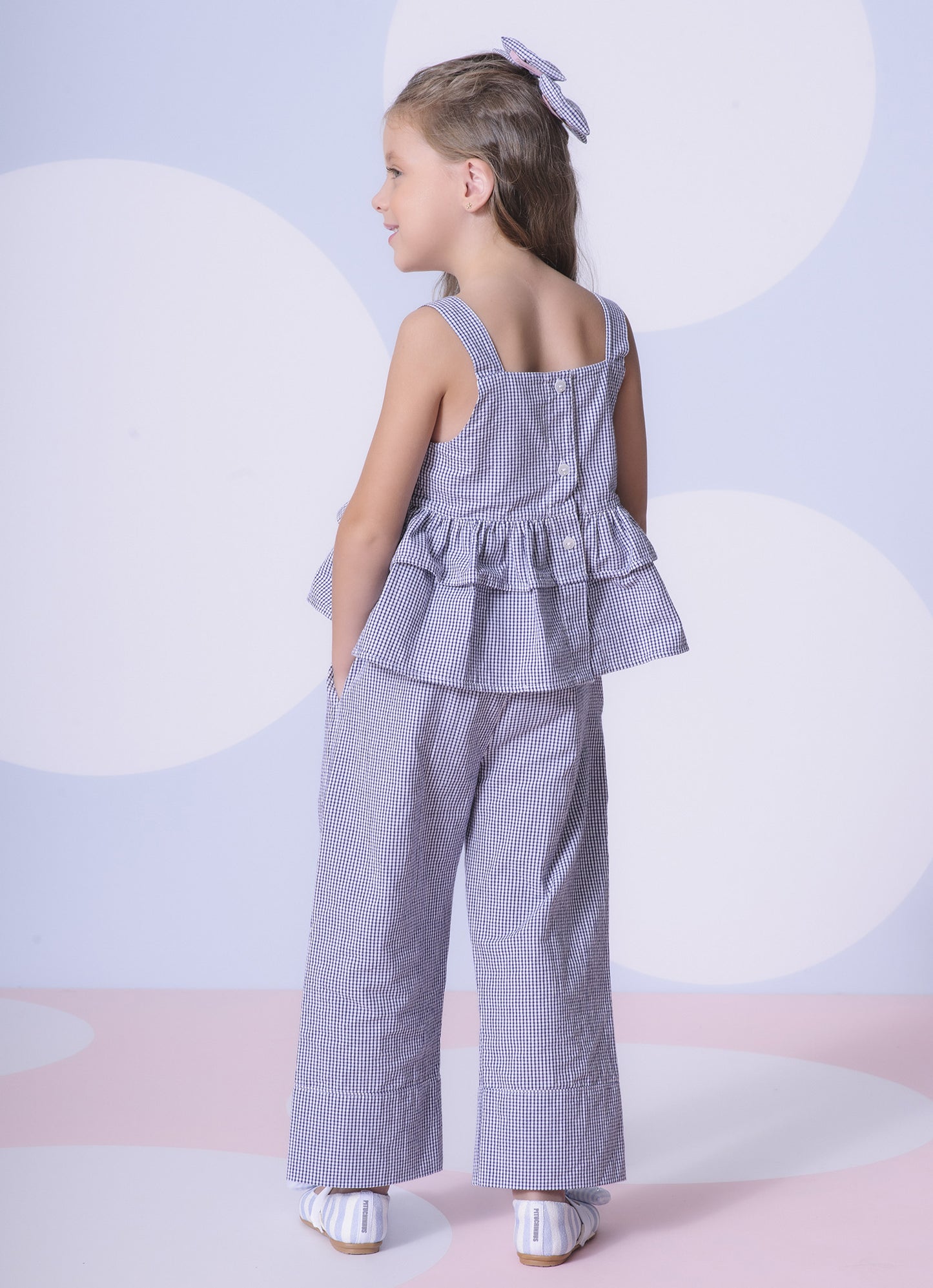 Calça Reta Algodão Xadrez Patches Mar