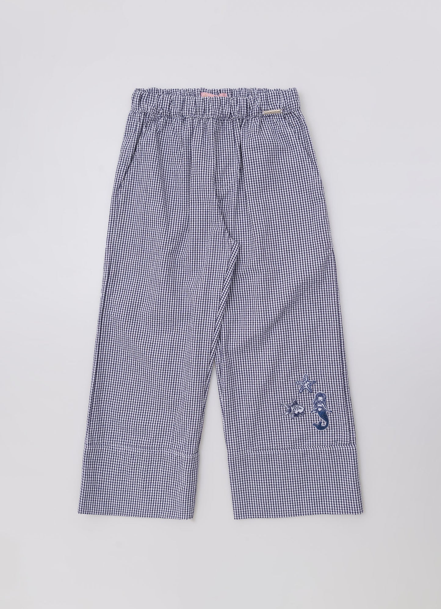 Calça Reta Algodão Xadrez Patches Mar