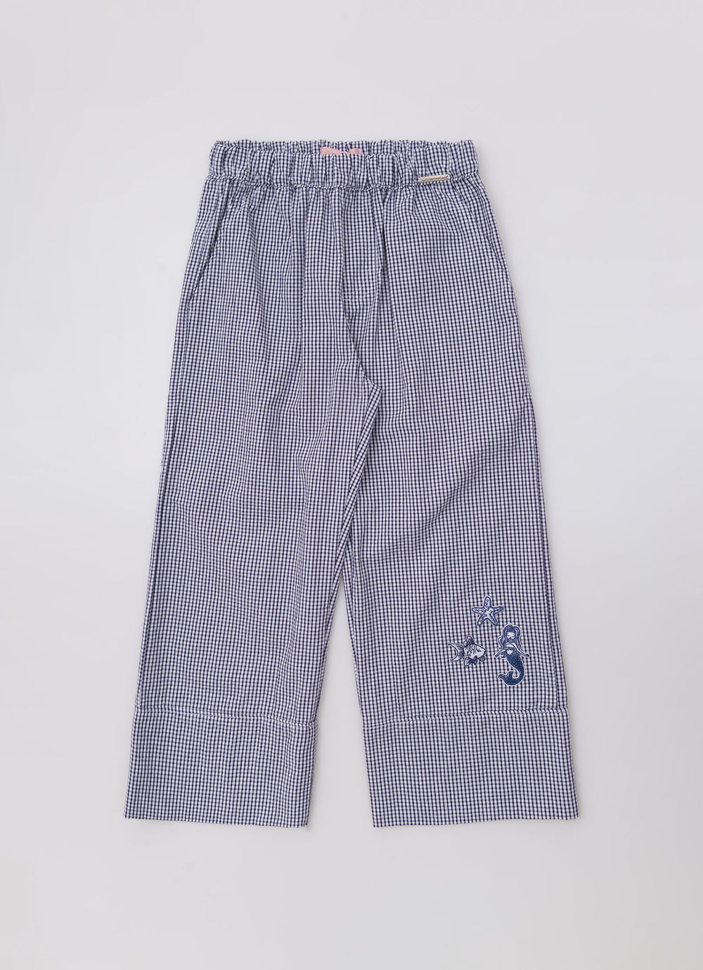 Calça Reta Algodão Xadrez Patches Mar