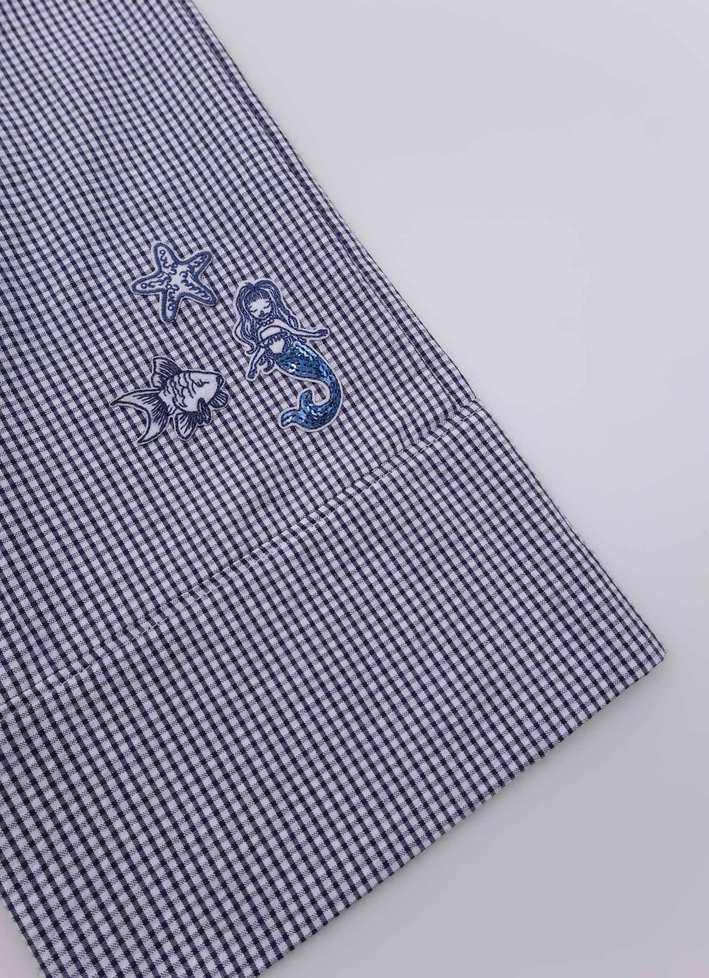 Calça Reta Algodão Xadrez Patches Mar