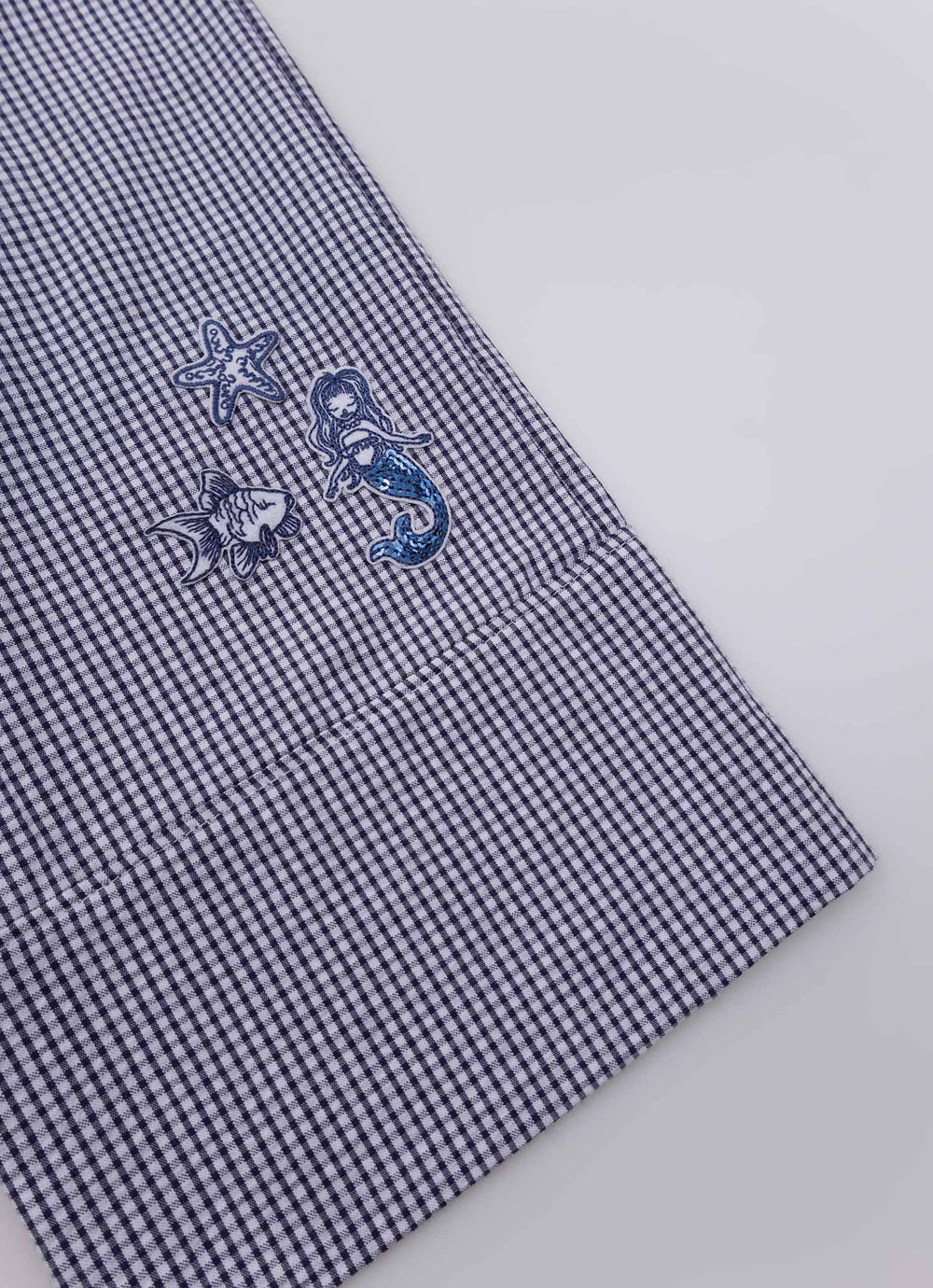 Calça Reta Algodão Xadrez Patches Mar