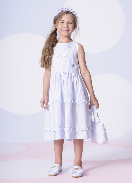 Vestido Tricoline Listrado Babadinhos e Laçinhos
