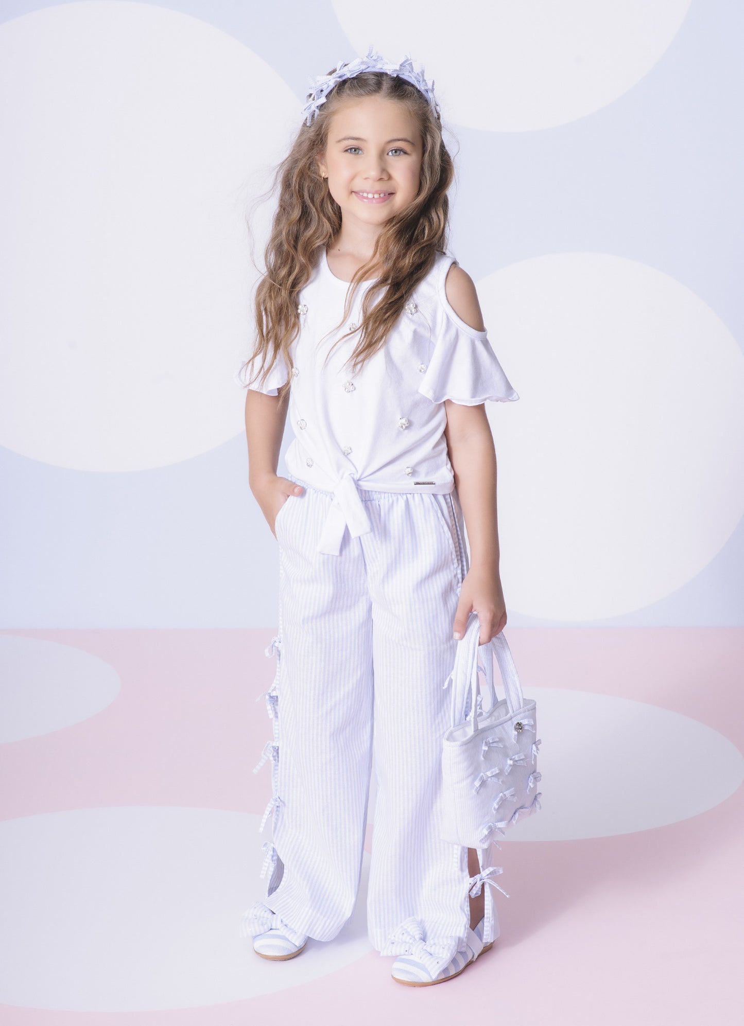 Calça Reta Algodão Mini Laços Lateral