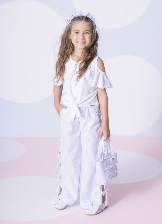 Calça Reta Algodão Mini Laços Lateral