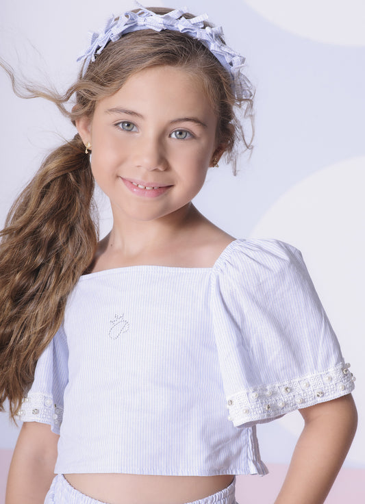 Blusa Cropped Tricoline Renda Bordada