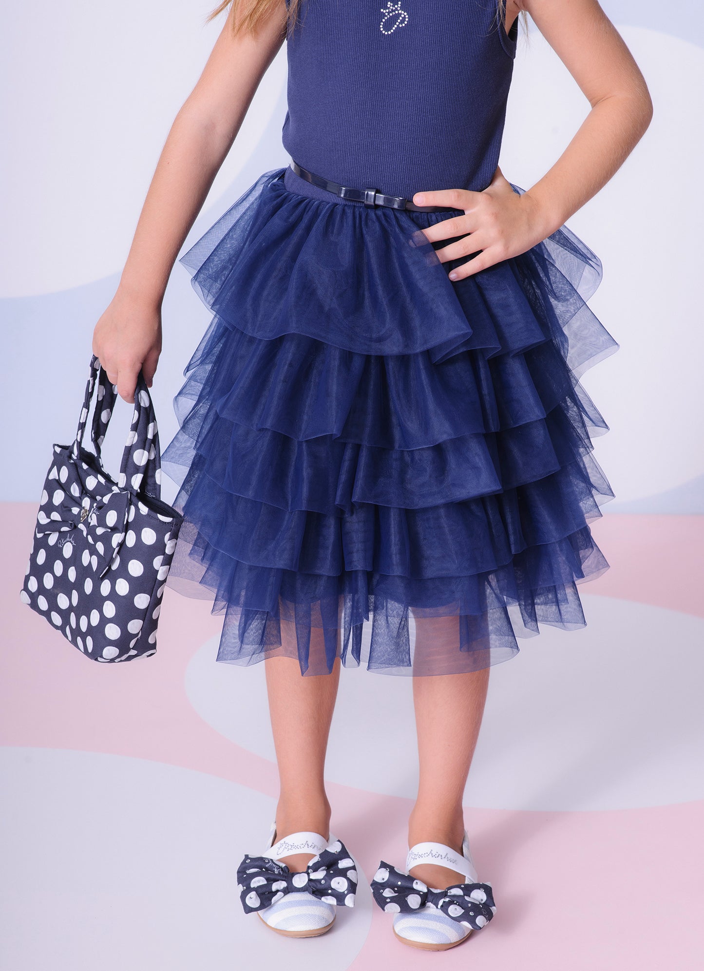 Vestido Rib Saia Babados Tule com Cinto