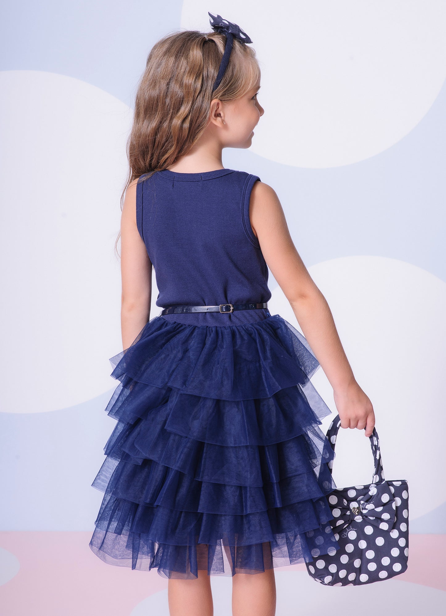 Vestido Rib Saia Babados Tule com Cinto