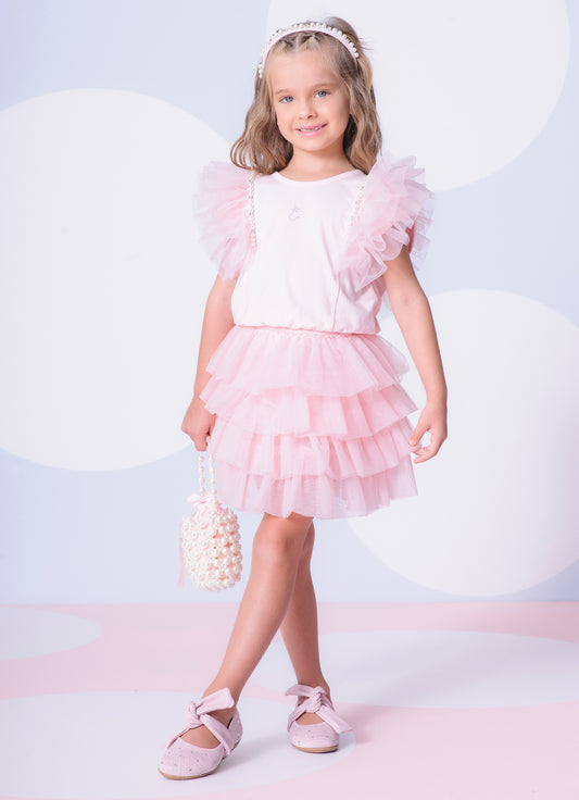 Saia Short Cotton Babados Tule