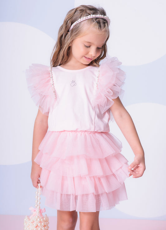 Saia Short Cotton Babados Tule