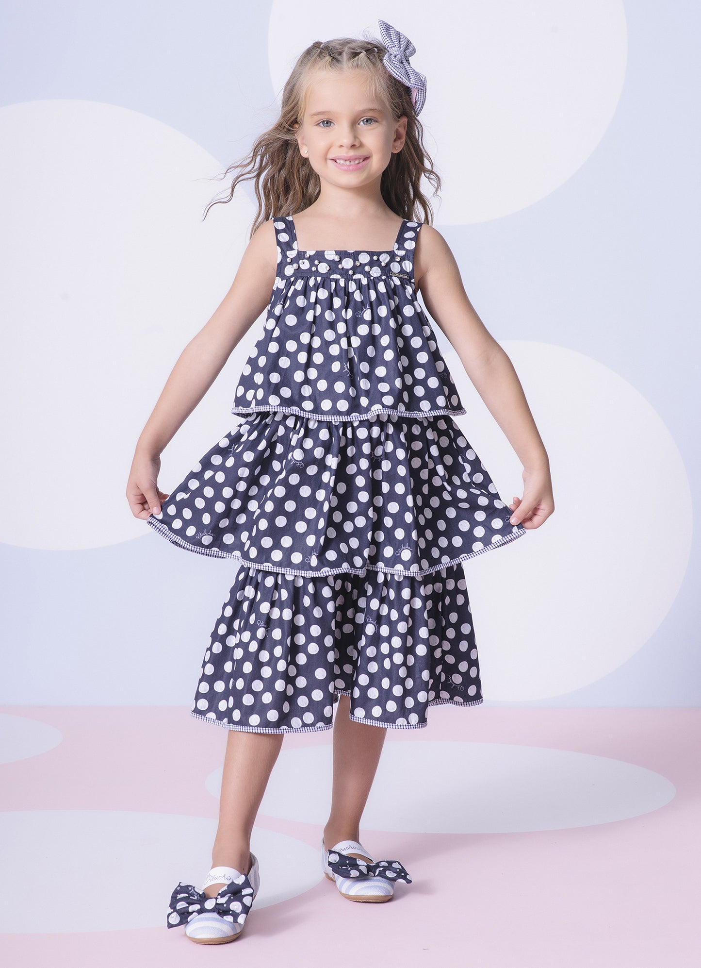 Vestido Algodão Estampado Poá Babados