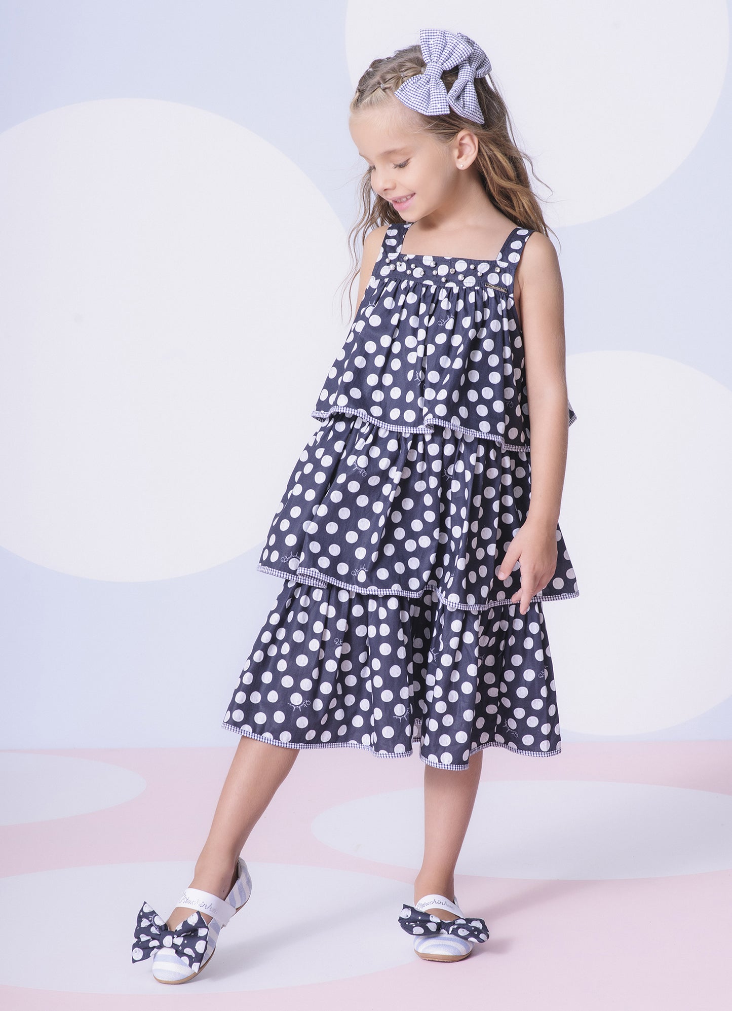 Vestido Algodão Estampado Poá Babados