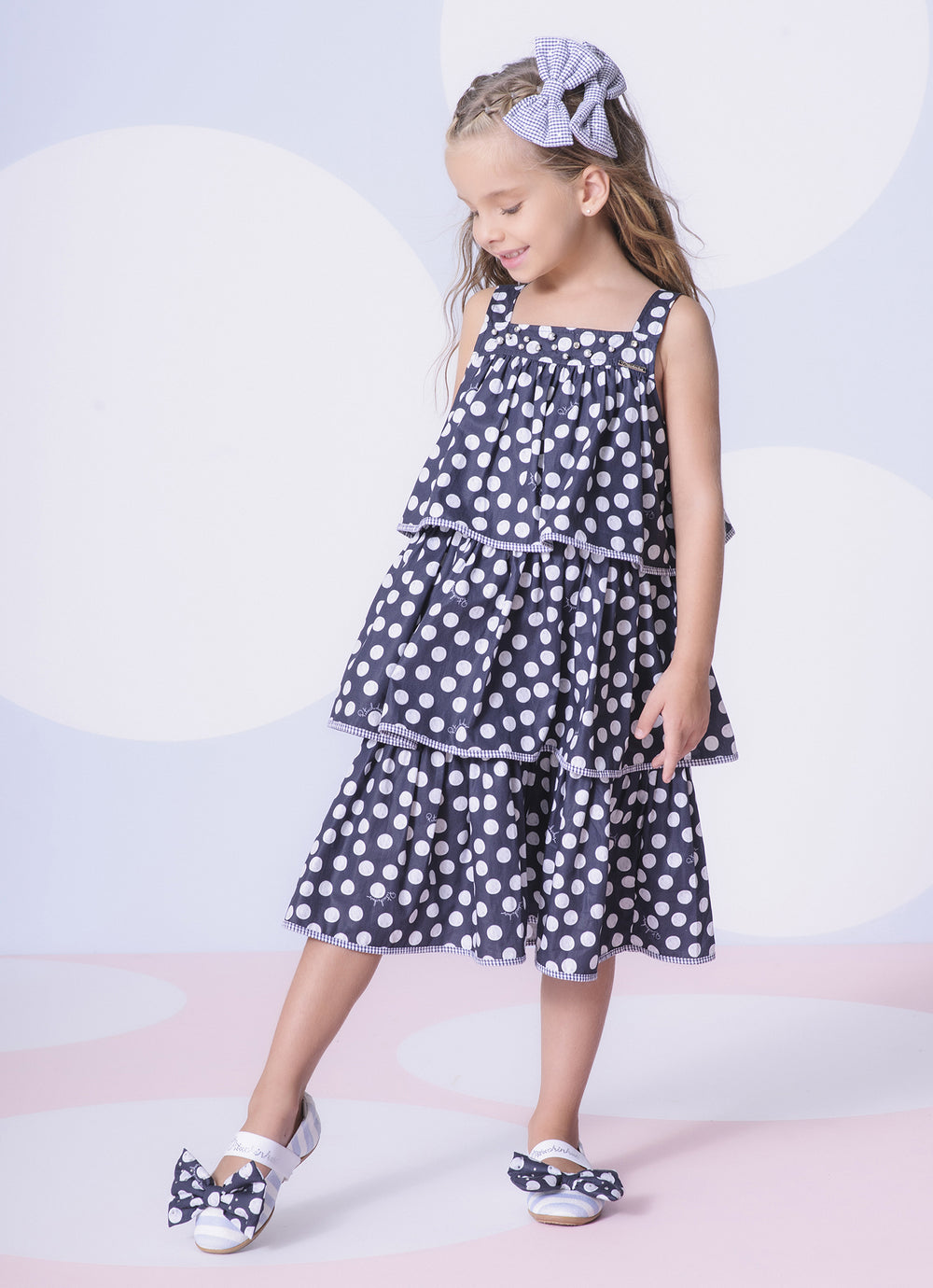 Vestido Algodão Estampado Poá Babados