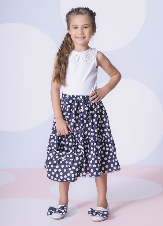 Saia Short Midi Estampada Poá com Cinto