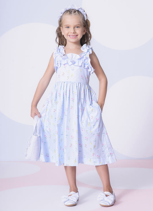 Vestido Algodão Estampado Floral Azul