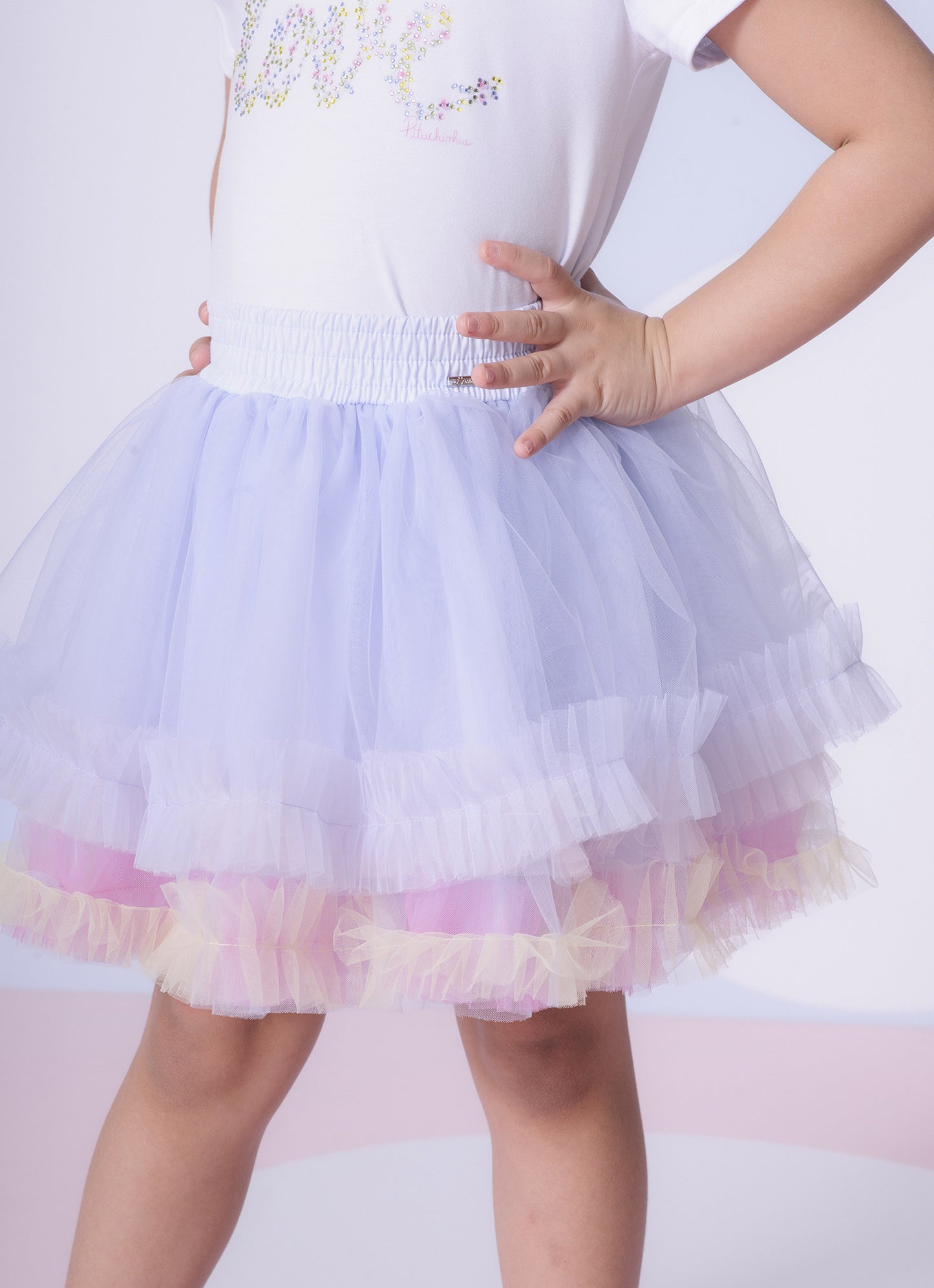 Saia Short Tule Babado Frufru Multicolor