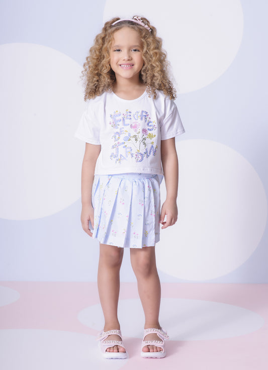 Saia Short Algodão Estampa Floral Pregas