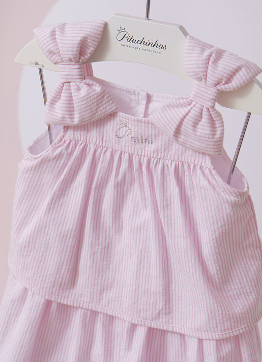 Vestido Algodão Listrado Babado Laços Puffer