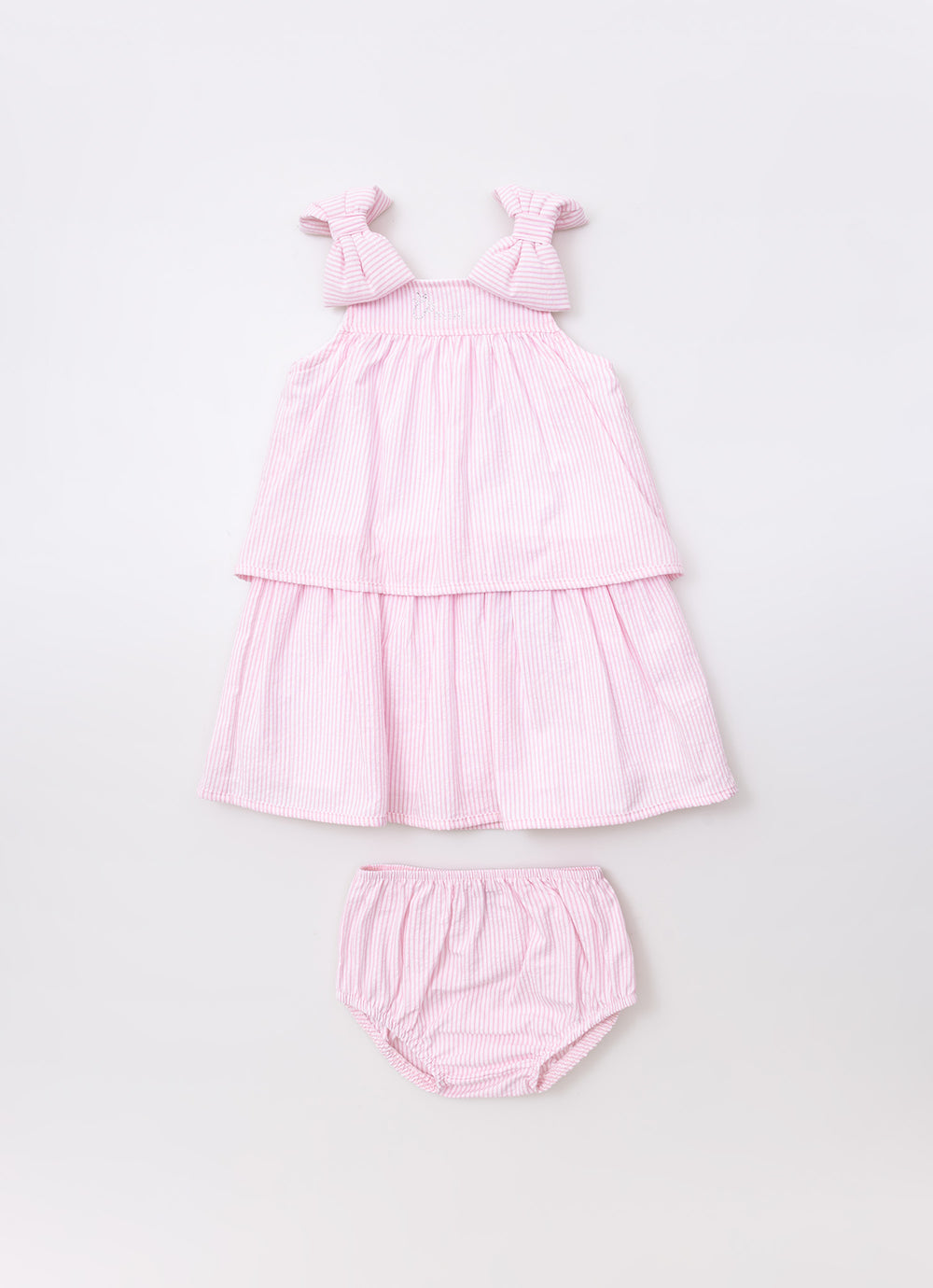 Vestido Algodão Listrado Babado Laços Puffer