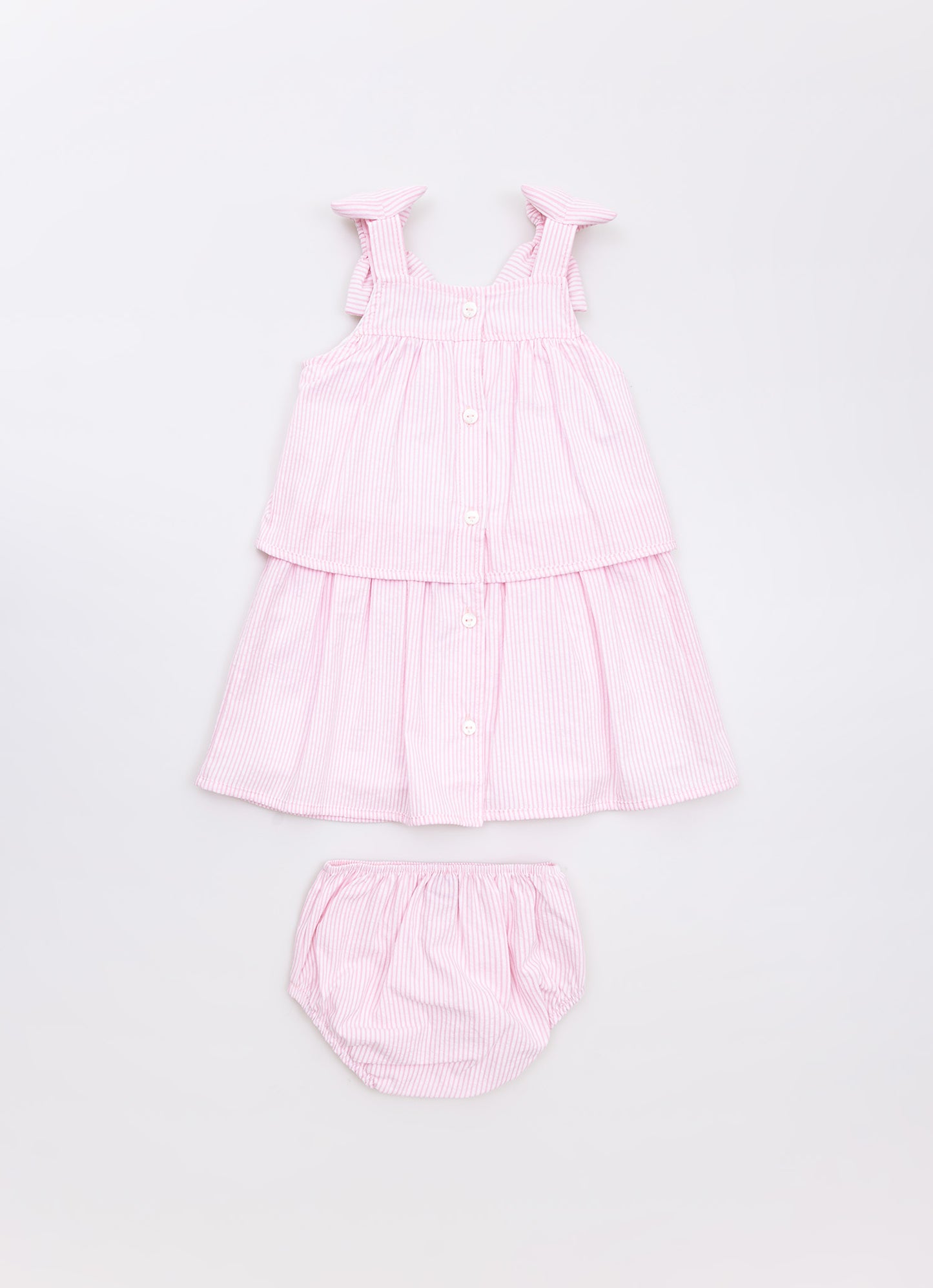 Vestido Algodão Listrado Babado Laços Puffer