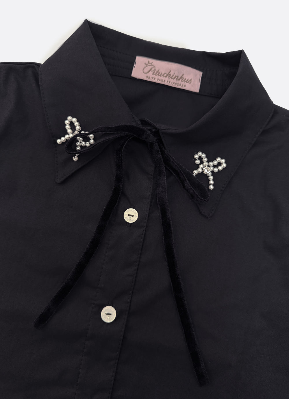 Camisa Tricoline Laços Bordados Veludo