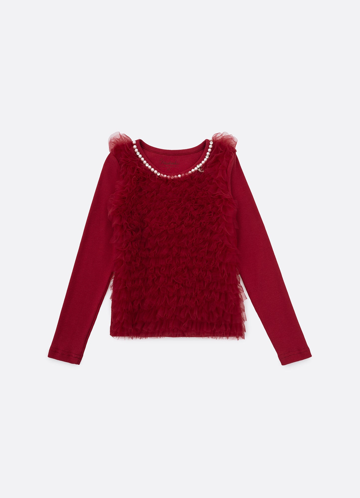 Blusa Rib Frufru Tule Gola Bordada