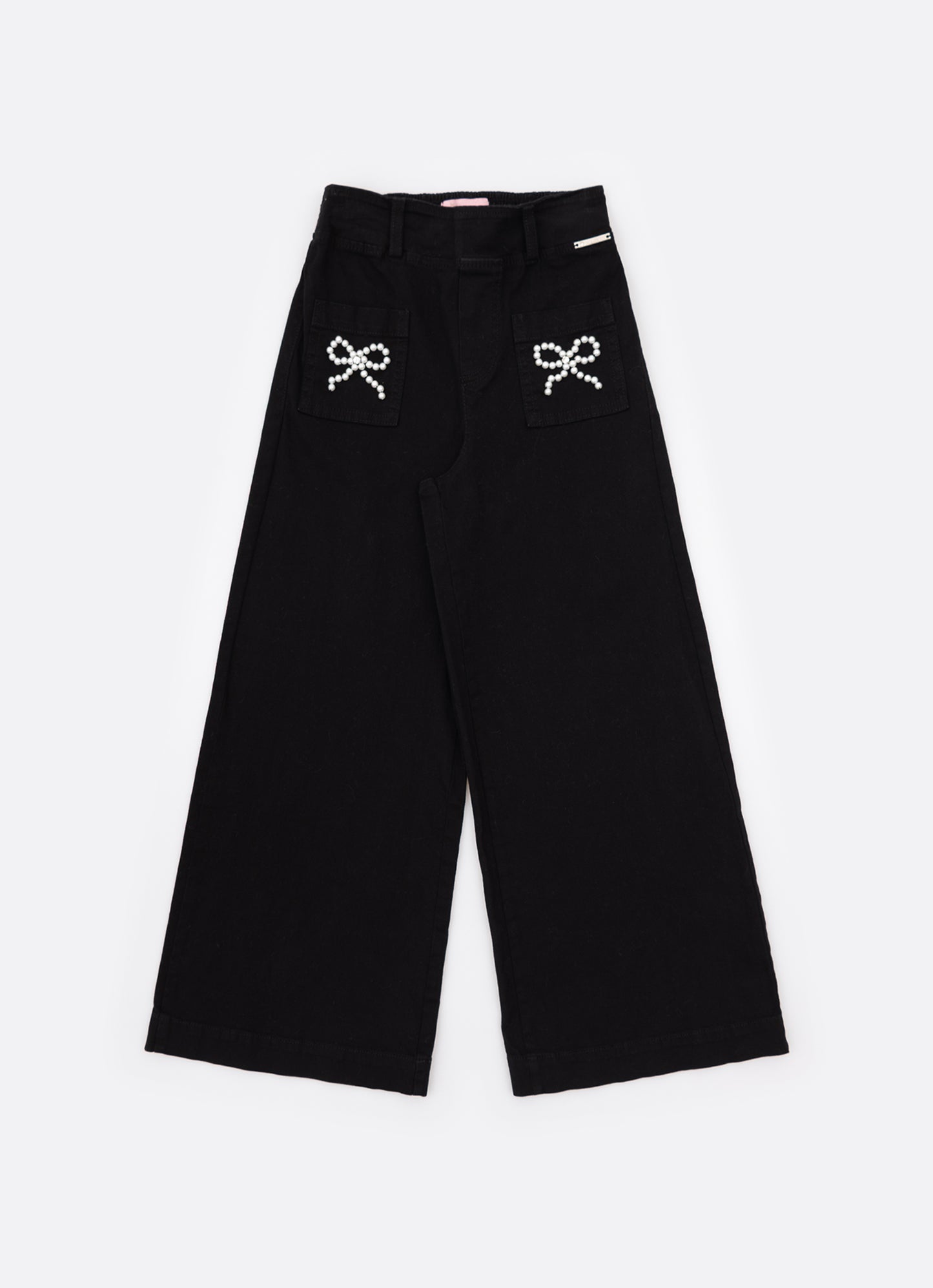 Calça Sarja Reta Laços Bordados