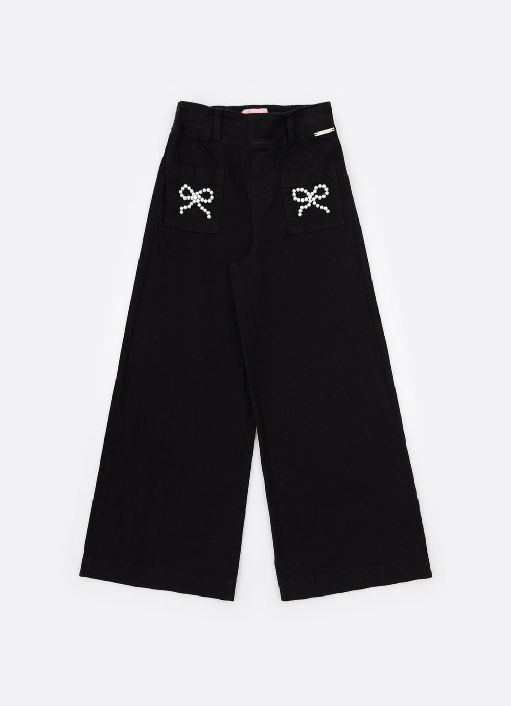 Calça Sarja Reta Laços Bordados