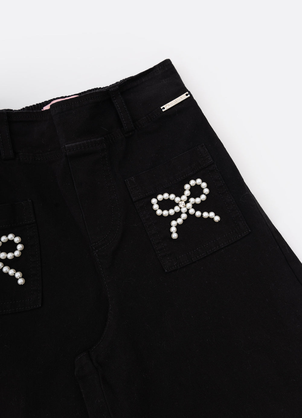 Calça Sarja Reta Laços Bordados