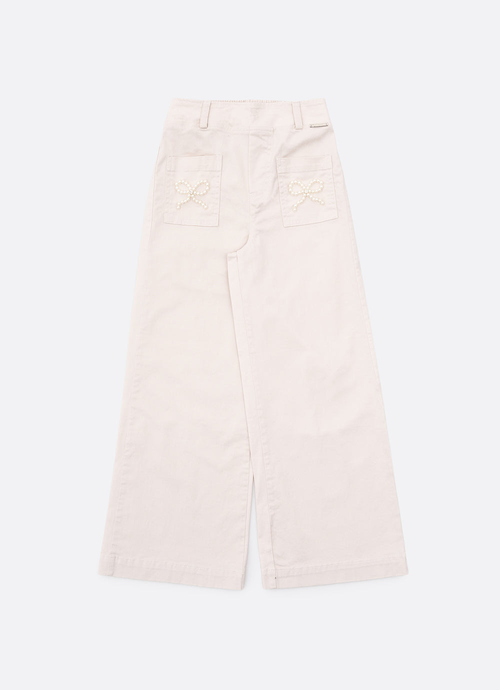 Calça Sarja Reta Laços Bordados