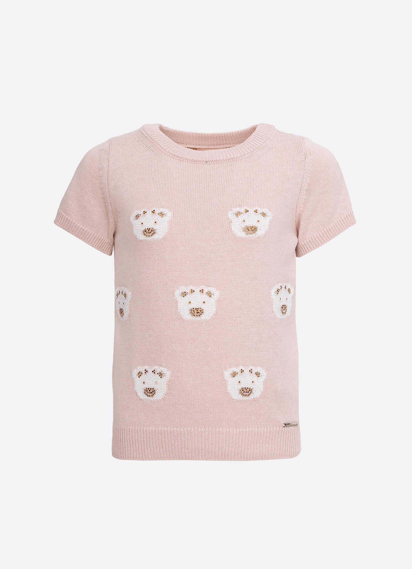 Blusa Tricot Manga Curta Rosto Ursinhas Cristais