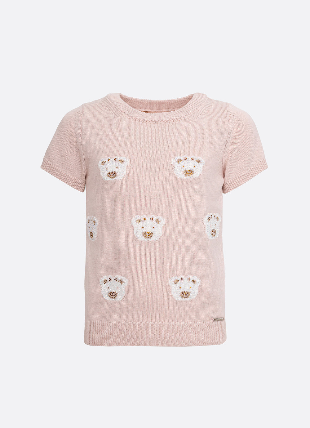 Blusa Tricot Manga Curta Rosto Ursinhas Cristais