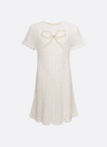 Vestido Tricot Sem Costura Canelado Laço Bordado