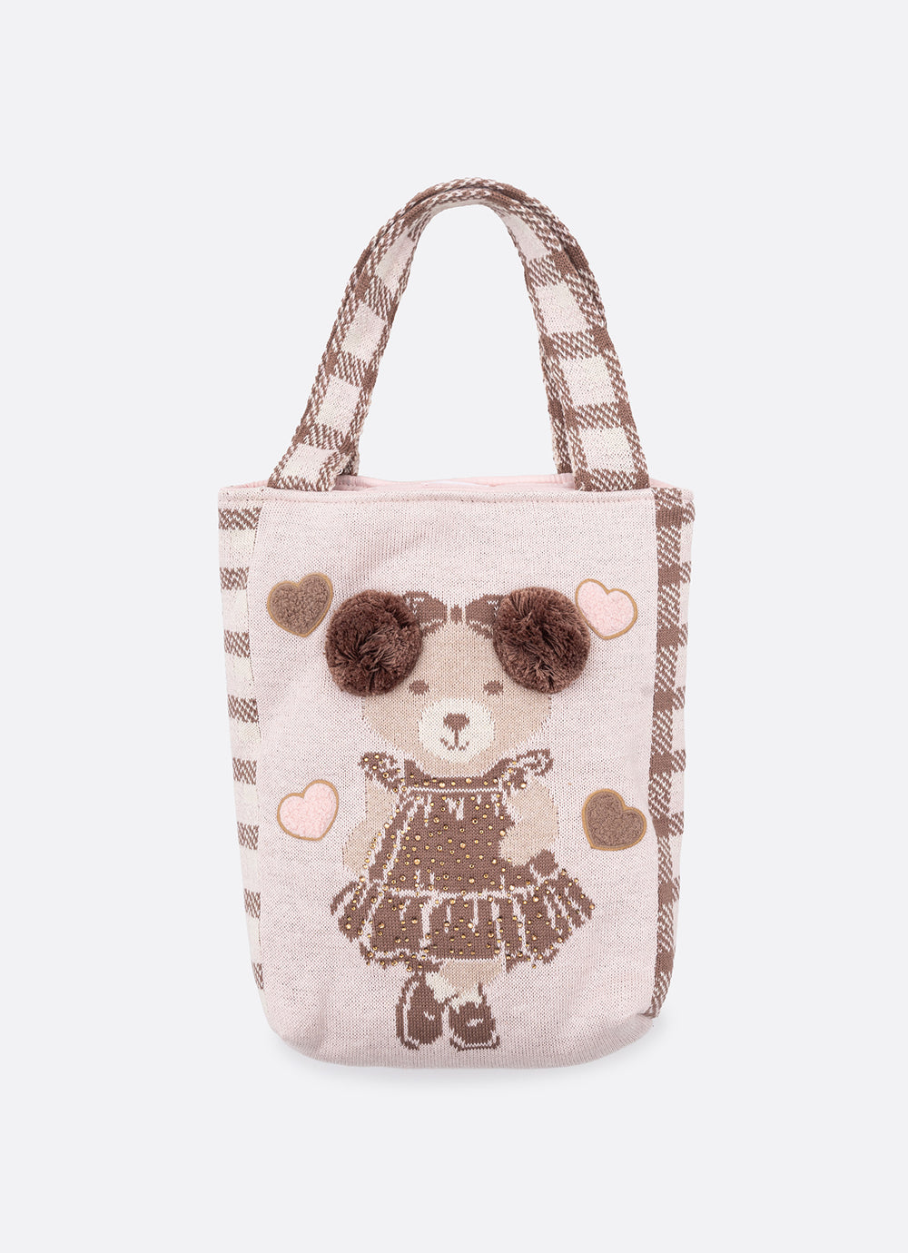 Bolsa Tricot Ursinha Xadrez PomPom
