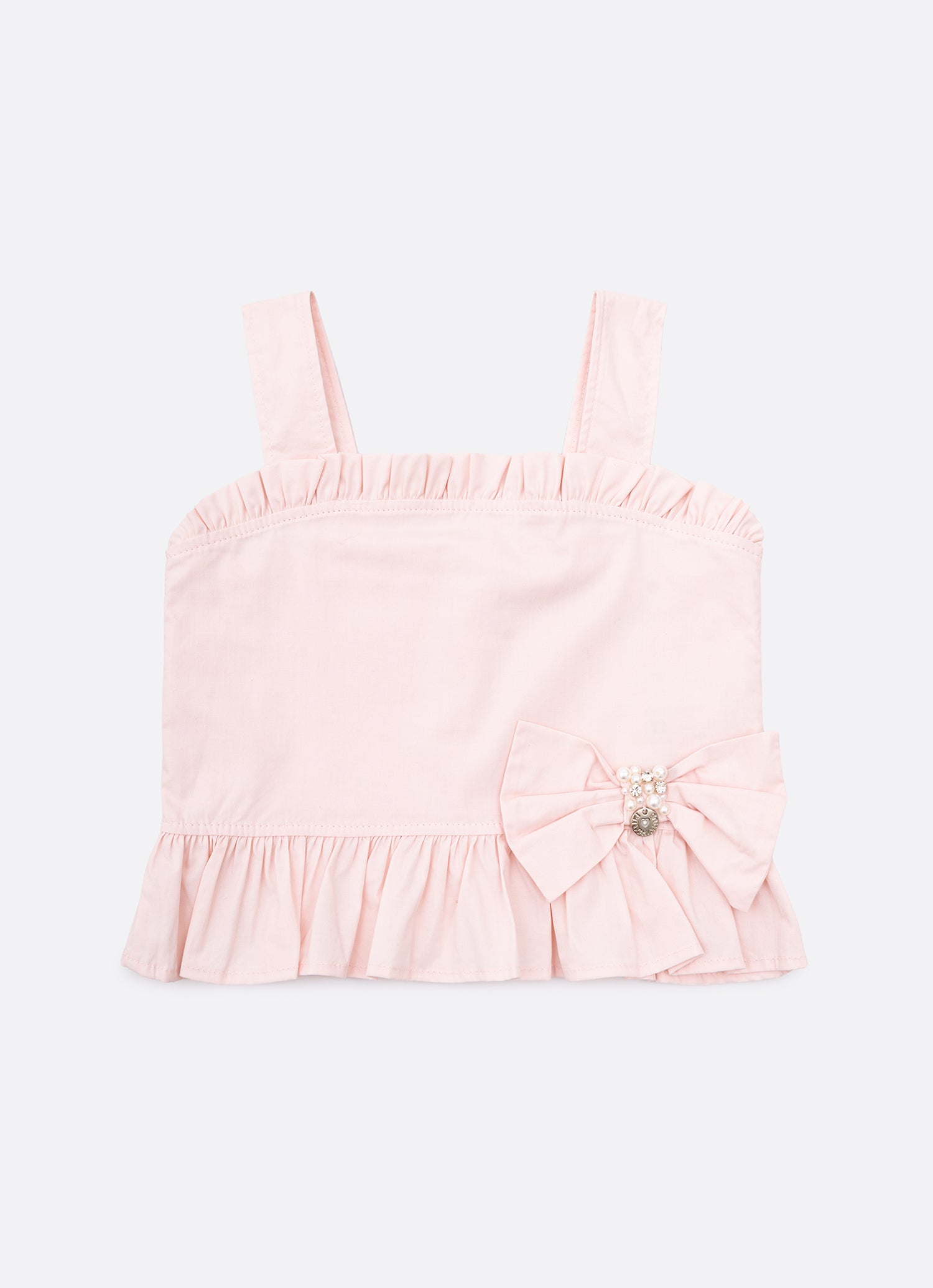 Blusa Cropped Alça Algodão Babado Laço Bordado