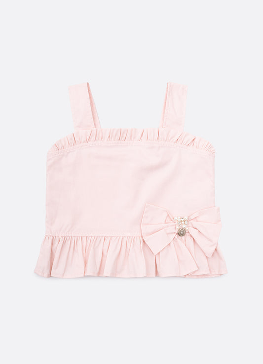 Blusa Cropped Alça Algodão Babado Laço Bordado