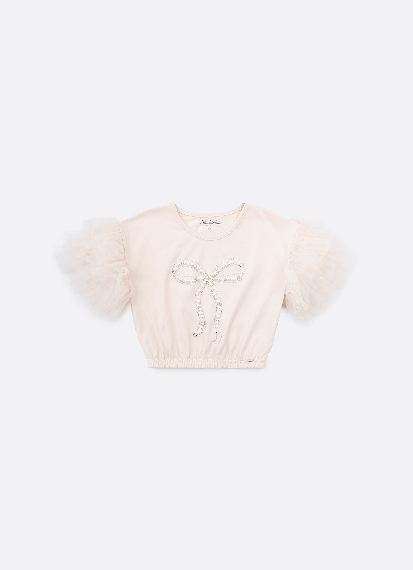 Blusa Cotton Manga Tule Laço Bordado