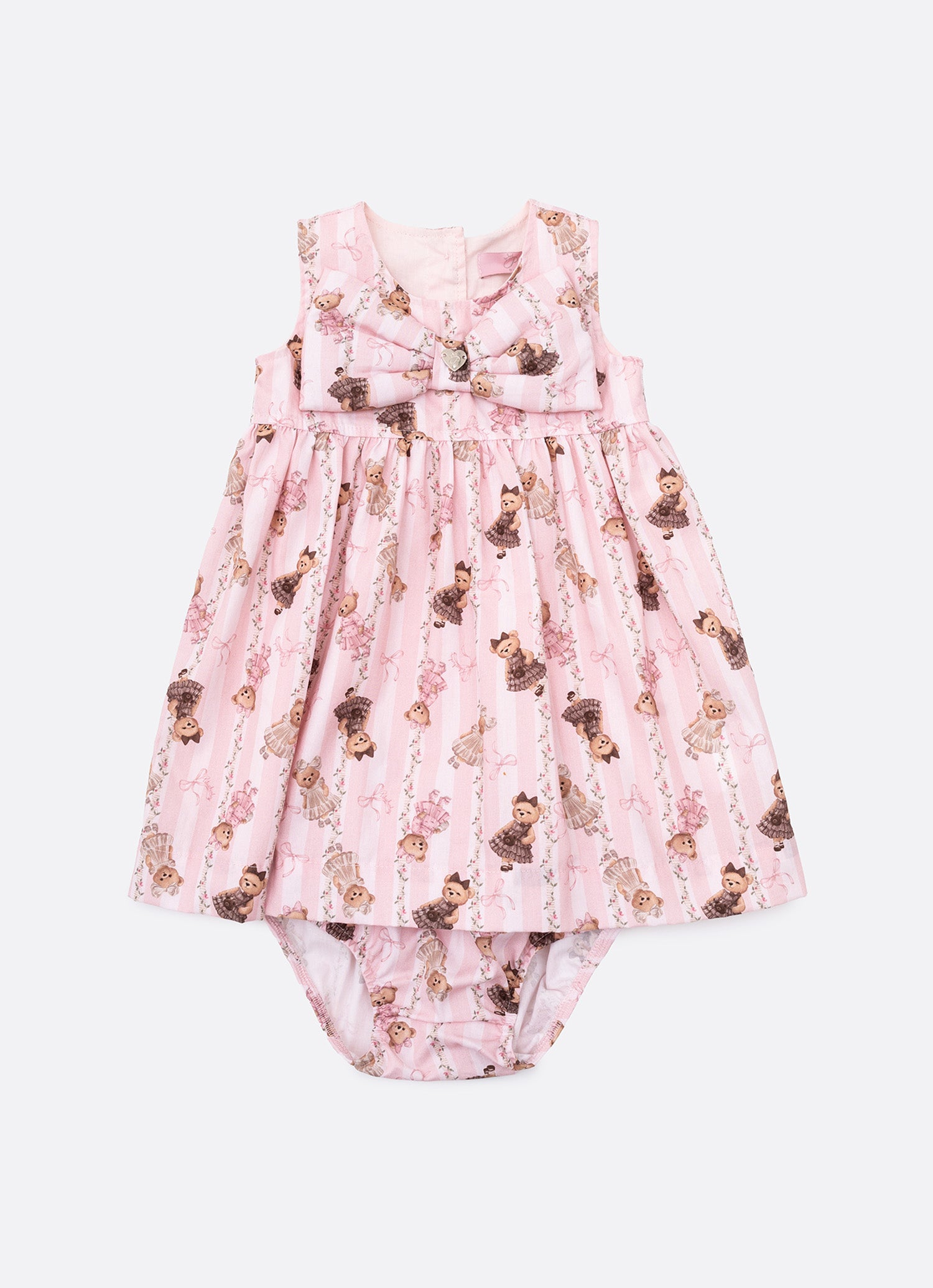 Vestido Algodão Estampa Listras e Ursas Laço Puffer