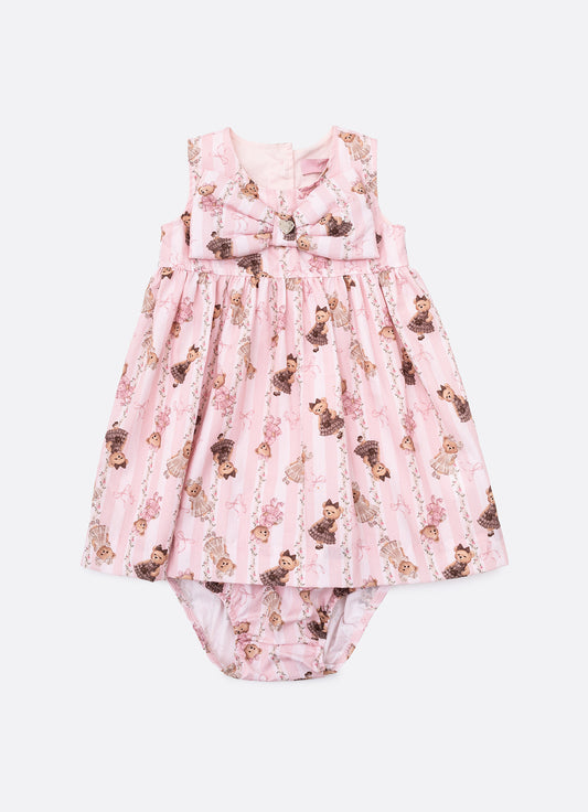 Vestido Algodão Estampa Listras e Ursas Laço Puffer