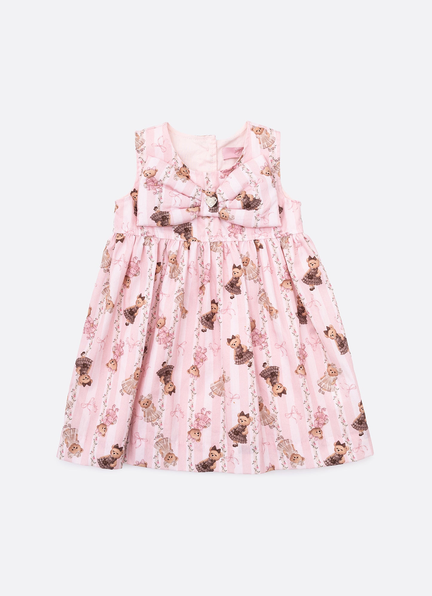 Vestido Algodão Estampa Listras e Ursas Laço Puffer